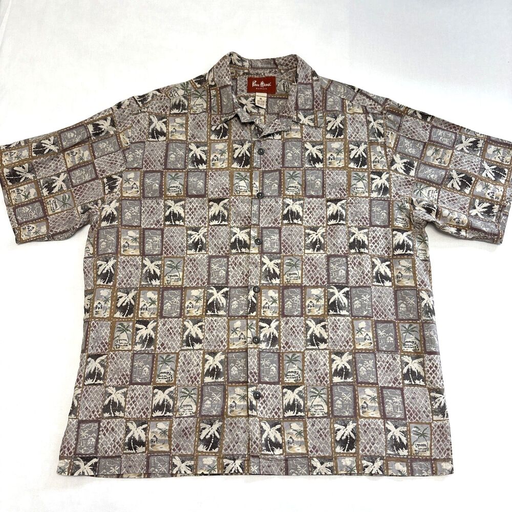 Pau Hana Hawaiian Cotton Blend Mens Shirt Size XL TAN Palms And Islands